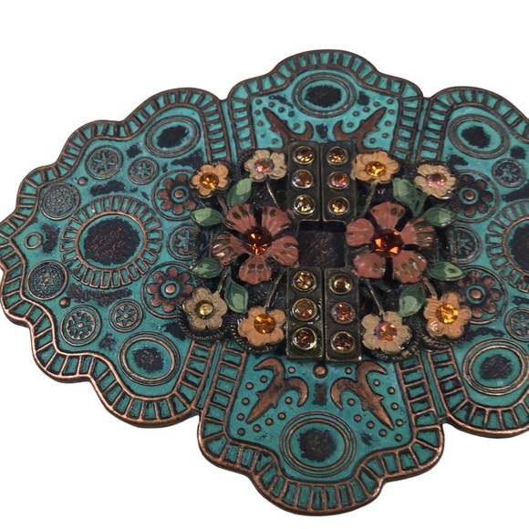 Floral Rhinestone Turquoise Colored Metal Belt Buckle - Picture 3 of 6